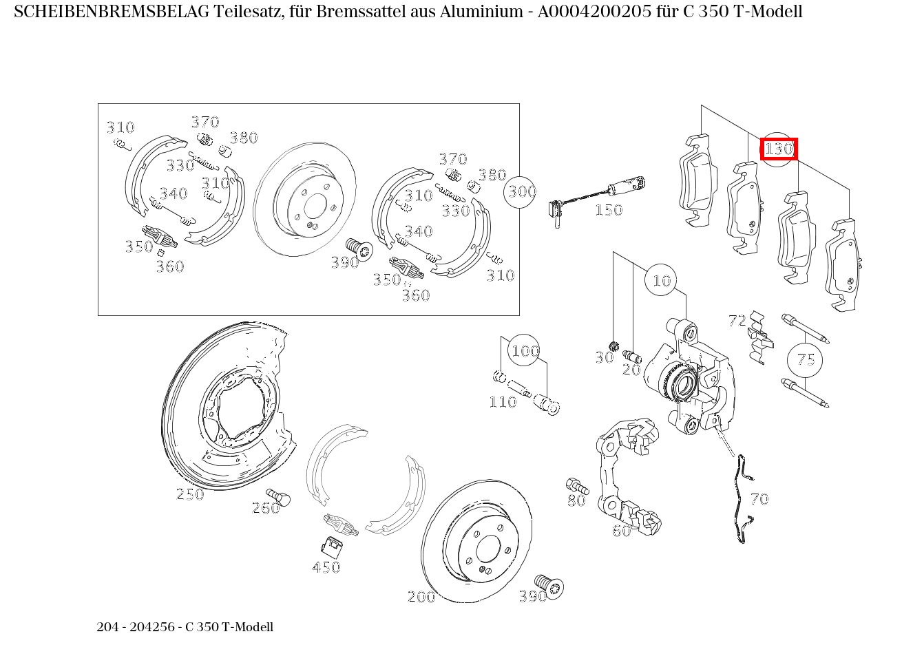 Scheibenbremsbelag Teilesatz, für Bremssattel aus Aluminium C 350 T-Modell 204