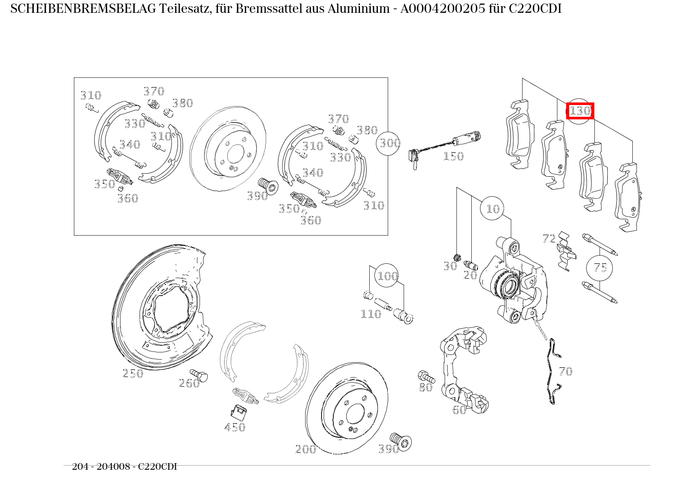 Scheibenbremsbelag Teilesatz, für Bremssattel aus Aluminium C220CDI 204