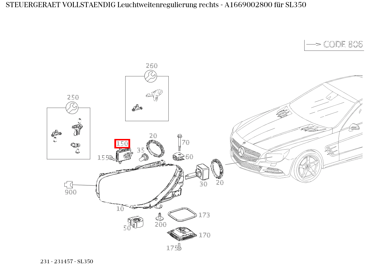 Steuergerät vollständig Leuchtweitenregulierung rechts SL350 231 Steuergerät vollständig Leuchtweitenregulierung rechts SL350 231