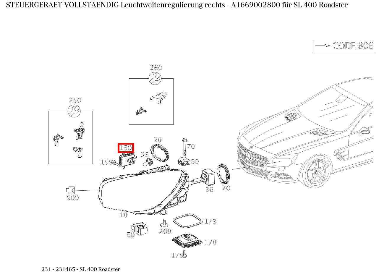 Steuergerät vollständig Leuchtweitenregulierung rechts SL 400 Roadster 231 Steuergerät vollständig Leuchtweitenregulierung rechts SL 400 Roadster 231