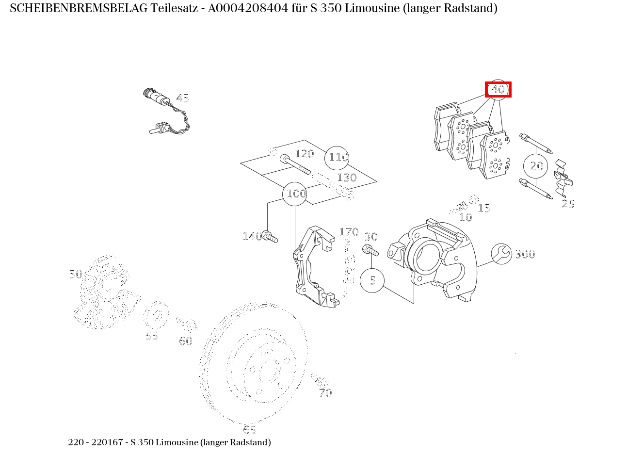 Scheibenbremsbelag Teilesatz S 350 Limousine (langer Radstand) 220