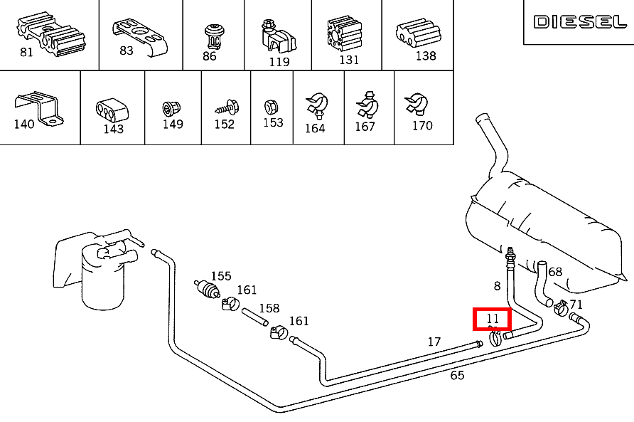 Schlauchschelle KRAFTSTOFFBEHAELTER ZUR FOERDERLEITUNG; 9-13 MM S 350 Turbodiesel 140