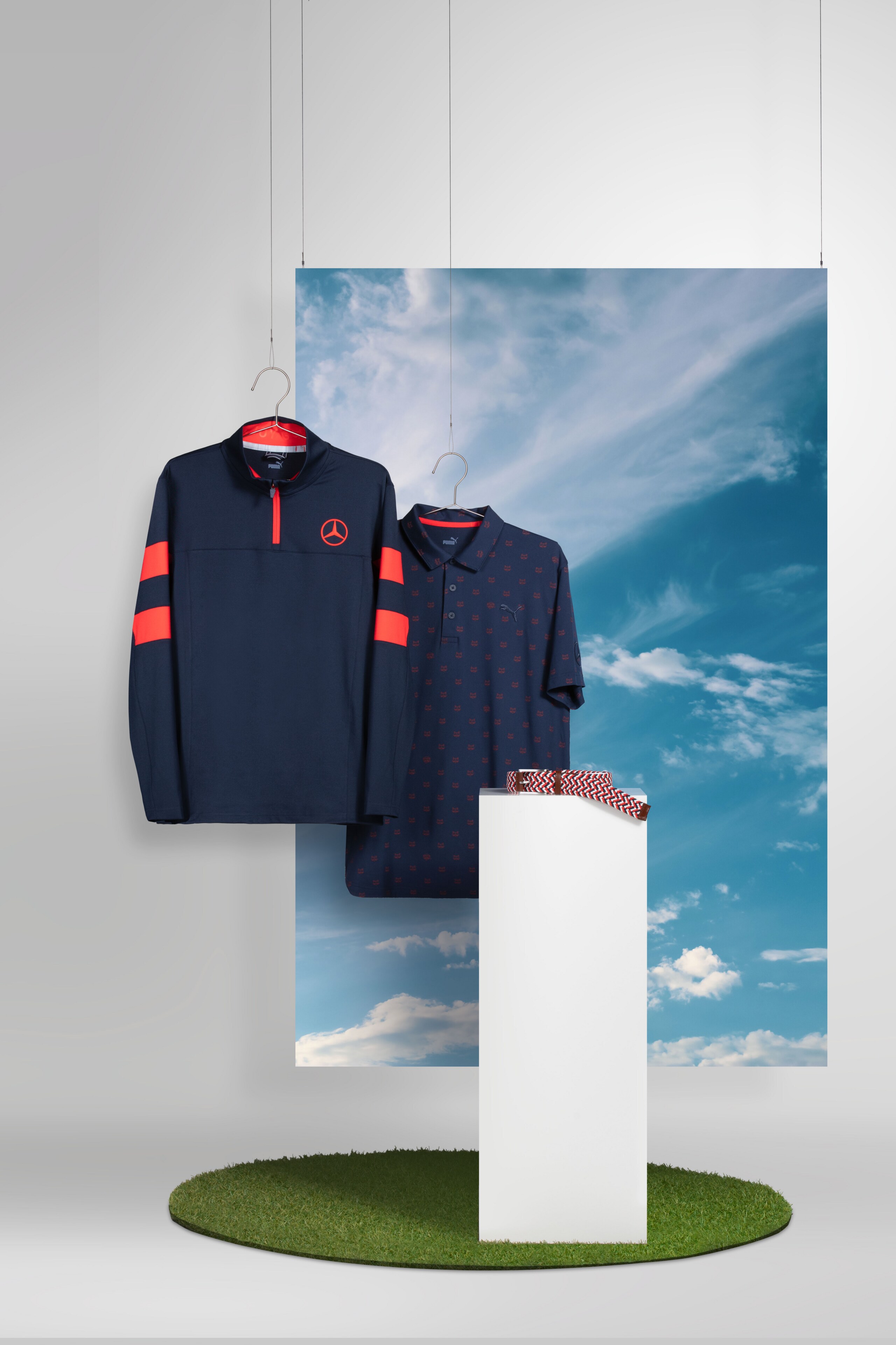 Mercedes-Benz - Men's golf polo shirt (navy) & Men's golf sweater (navy/red) & golf belt Men's golf polo shirt (navy) & Men's golf sweater (navy/red) & golf belt