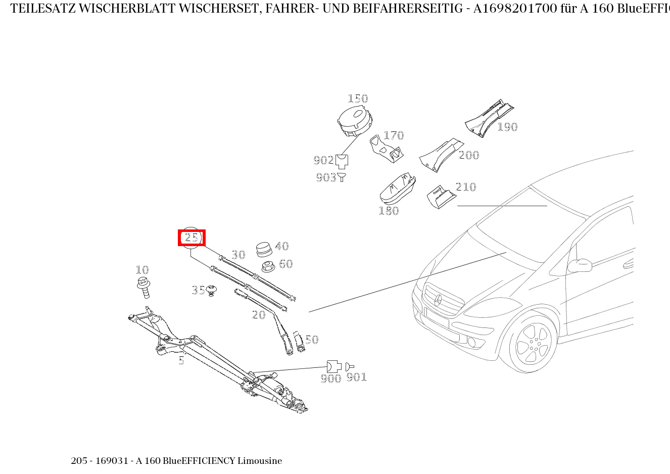 Teilesatz Wischerblatt WISCHERSET, FAHRER- UND BEIFAHRERSEITIG A 160 BlueEFFICIENCY Limousine 205