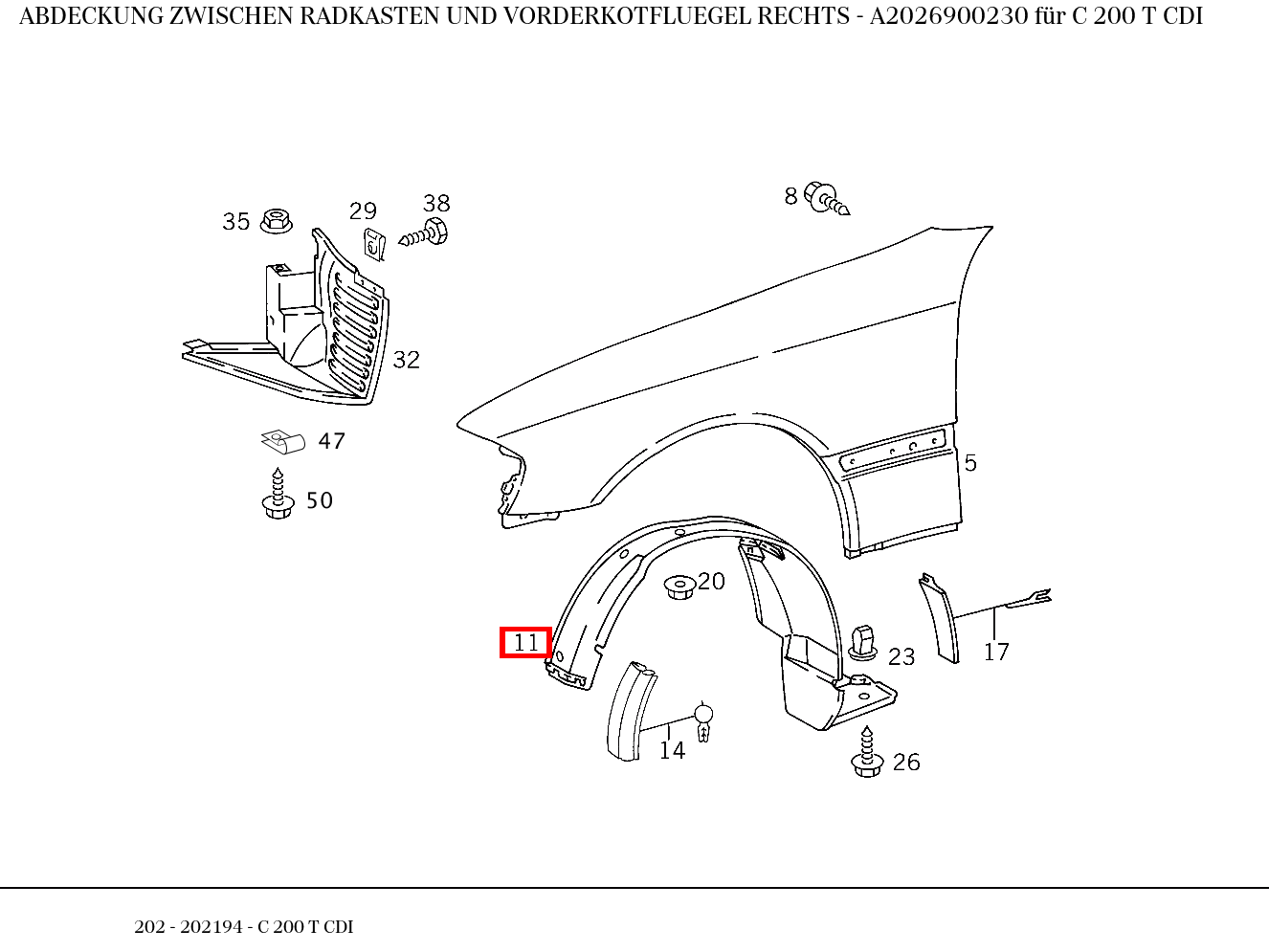 Abdeckung ZWISCHEN RADKASTEN UND VORDERKOTFLUEGEL RECHTS C 200 T CDI 202