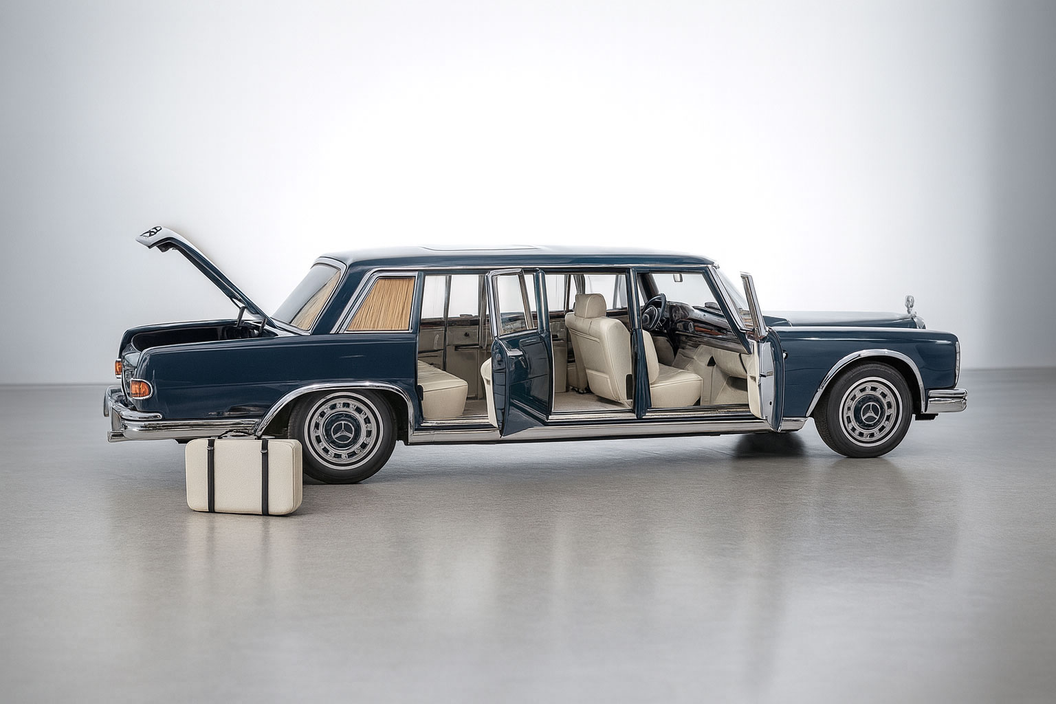 Mercedes-Benz Klassik Modellautos Auf dem Bild wird ein Mercedes-Benz Pullmann Modell abgebildet. Das Fahrzeug ist blau mit geöffneten Türen und Kofferraum. Das Modell steht auf grauem Untergrund mit weißem Hintergrund.