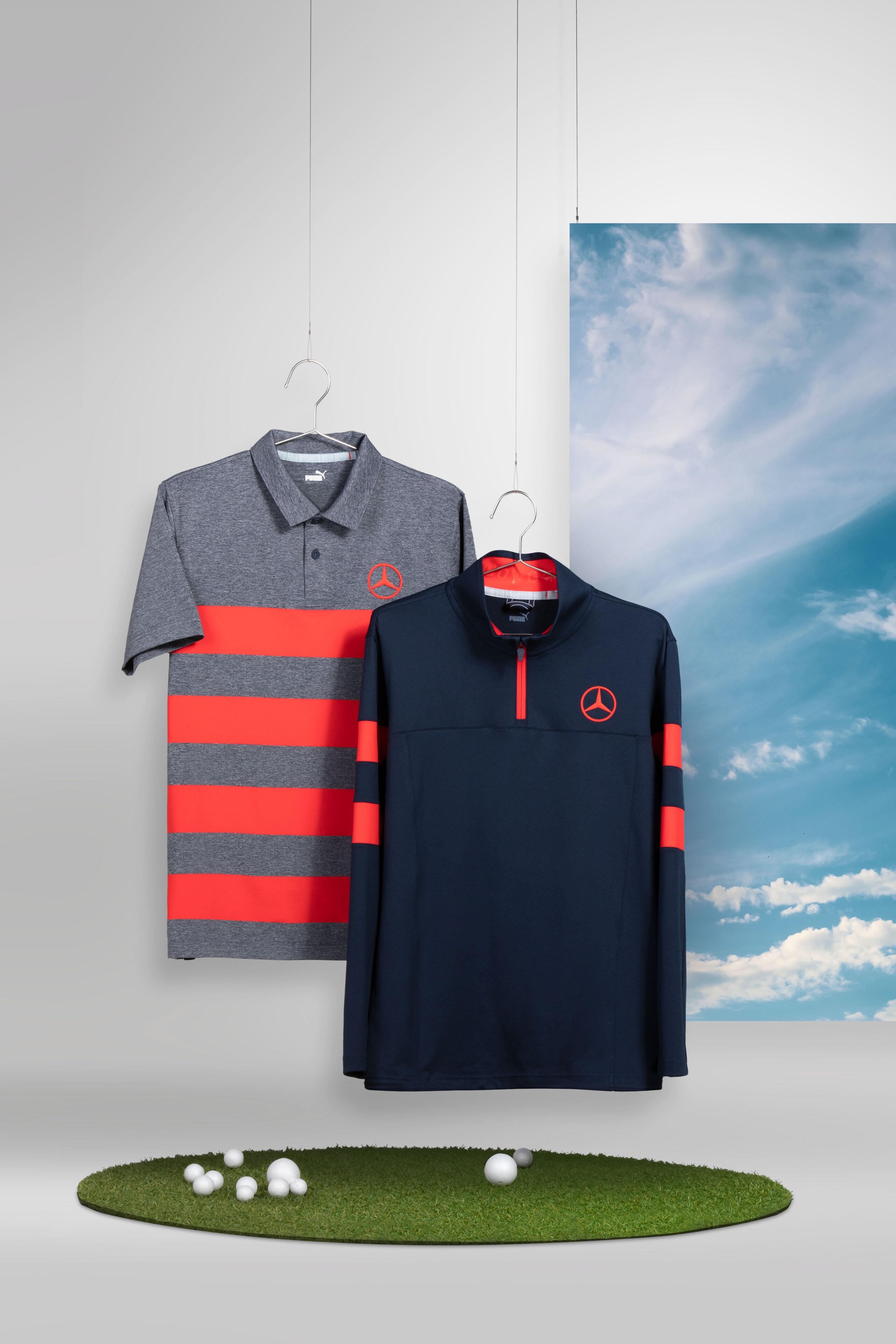Mercedes-Benz - Men's golf polo shirt (grey/red) & Men's golf sweater (navy/red) Men's golf polo shirt (grey/red) & Men's golf sweater (navy/red)